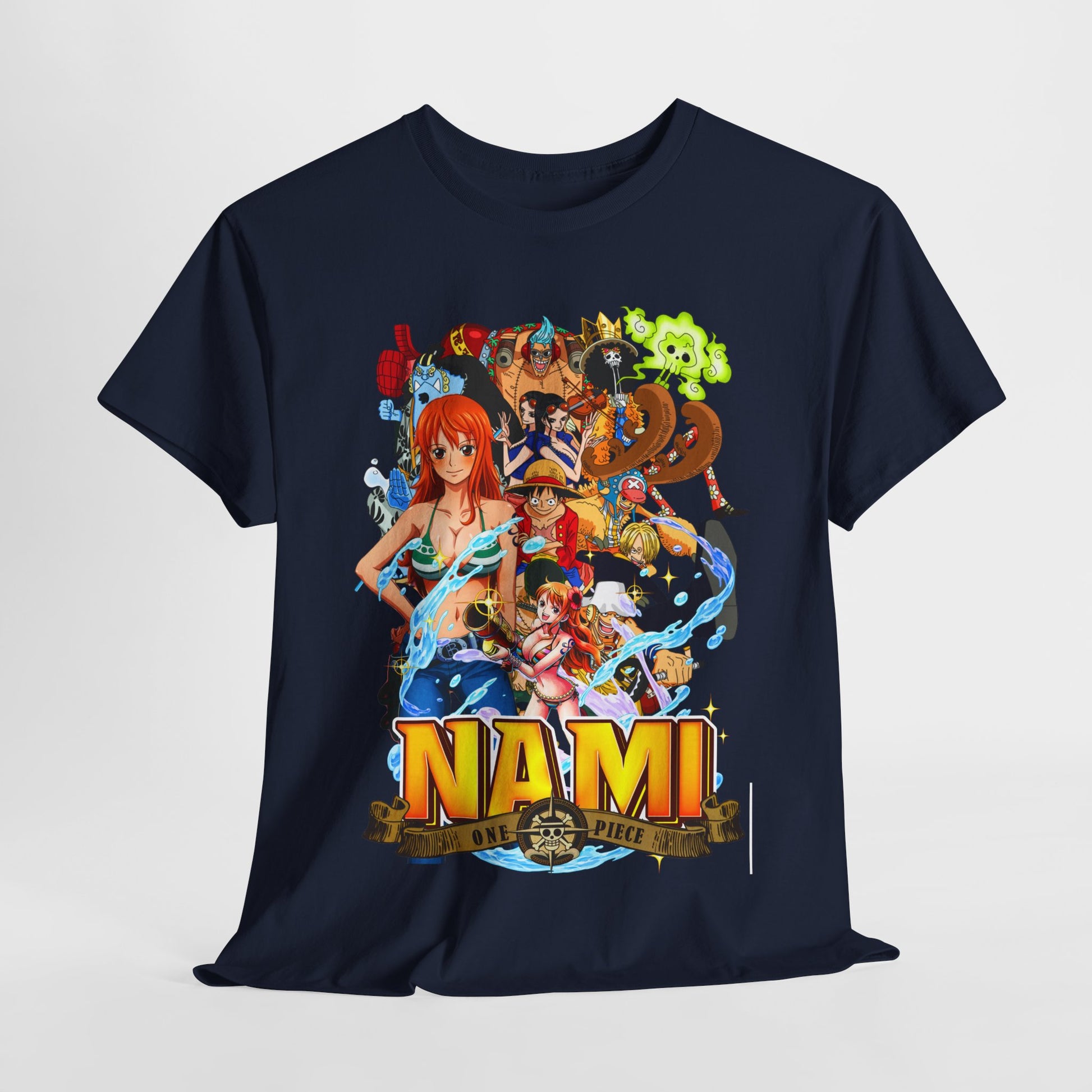 Luxurious men's t-shirt featuring a vibrant Nami graphic from One Piece, showcasing bold colours and intricate character designs, perfect for anime enthusiasts.