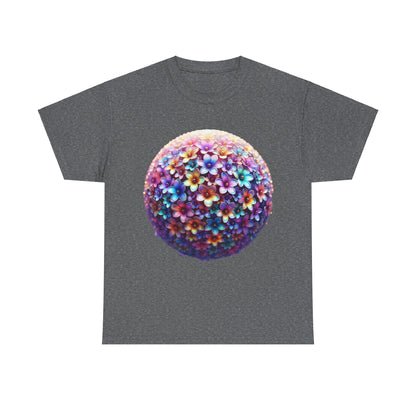 Iridescent Floral Sphere Unisex Cotton Tee Graphic T Shirt featuring a vibrant floral sphere design on a dark background, embodying luxury and artistic style.