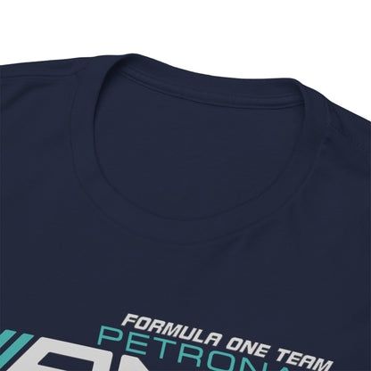 Close-up view of the collar of the men's F1 Mercedes AMG Petronas t-shirt, emphasising premium quality and attention to detail in its construction.