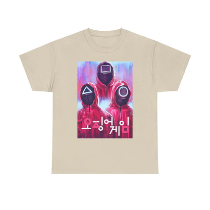 Luxurious unisex graphic t-shirt featuring a striking design inspired by the iconic Squid Game series, showcasing triangular, square, and circular symbols against a vivid pink backdrop.