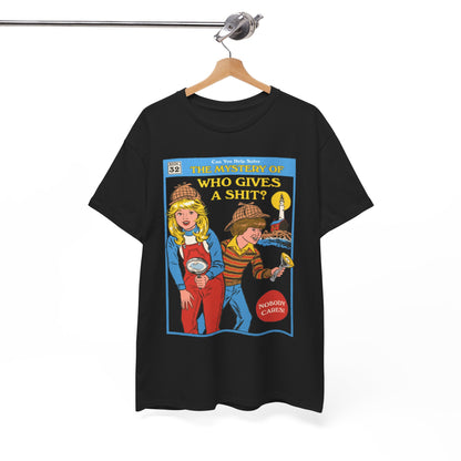 Trendy black t-shirt hanging elegantly, featuring the whimsical graphic from 'The Mystery of Who Gives a Shit?', a blend of humour and style for a luxurious casual wardrobe.