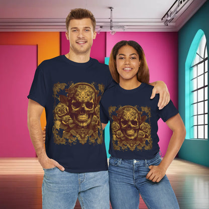 Skulls and Roses Cotton Tee - Stylish unisex graphic shirt on a man and woman, highlighting a striking skull and roses design against a deep navy backdrop.
