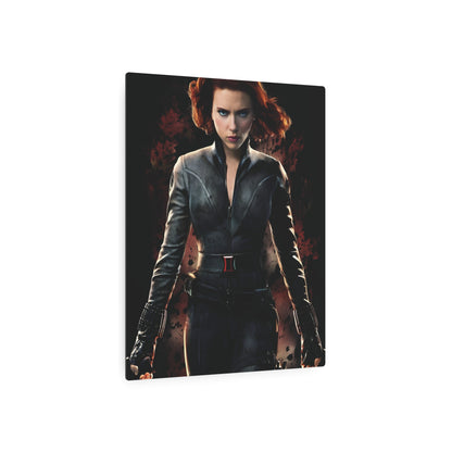 Close-up view of the Marvel Black Widow Metal Art Poster on high-quality matte aluminium, capturing the powerful aesthetic of Black Widow, ideal for sophisticated interiors.