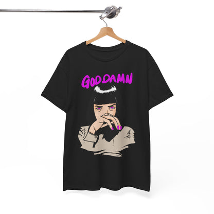 Chic black T-shirt displayed on a wooden hanger, featuring the striking 'GODDAMN' design with an illustrated character, perfect for those who appreciate cinematic elegance in their fashion choices.