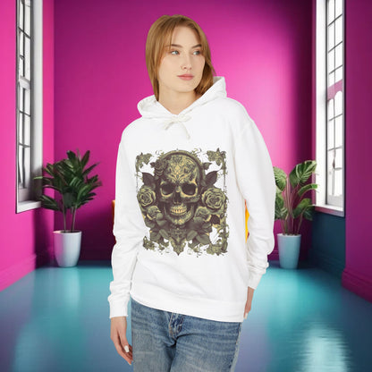 Luxury Unisex Lightweight Hooded Sweatshirt featuring a unique designer skull and roses graphic, showcased elegantly in a vibrant interior setting.