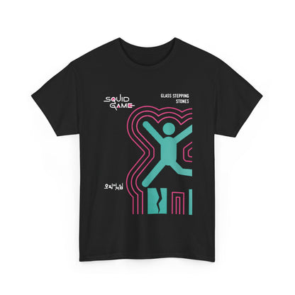 Chic black tee adorned with an artistic Squid Game motif, displaying a lively 'Glass Stepping Stones' theme in teal and pink, crafted for those who appreciate unique and fashionable expressions.