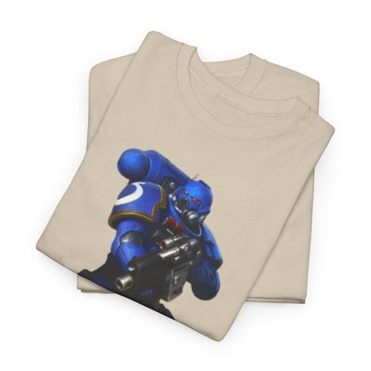 Sophisticated stack of beige t-shirts adorned with a captivating blue armoured warrior graphic, reflecting personal flair and comfort for any casual occasion.