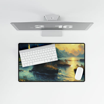 An artistic view of the 'Munchian Euphoric Whimsy' desk mat with accessories on a minimalist white desk, perfect for enhancing creativity.