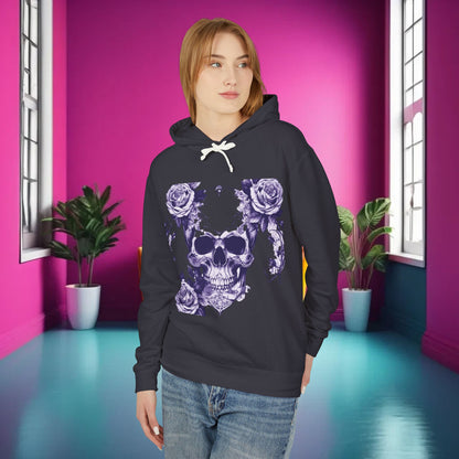 Unisex Lightweight Hooded Sweatshirt featuring unique designer skull and roses motif, styled elegantly on a model in a vibrant pink and green interior.