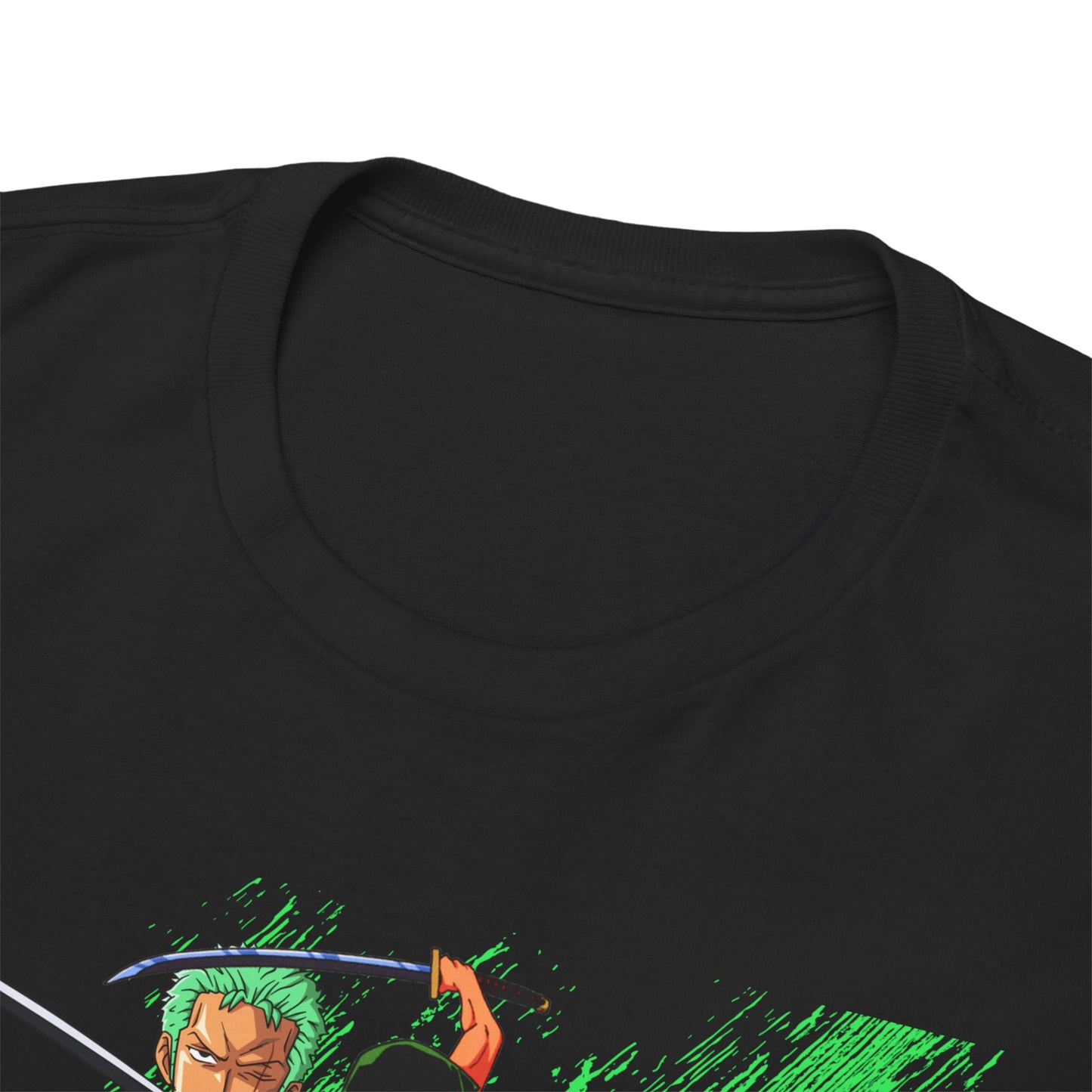 Close-up view of a black t-shirt fabric with premium quality, featuring a detailed graphic print of anime characters, designed for style and comfort.