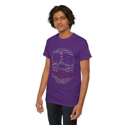 Refined male figure presenting a plush purple t-shirt with a captivating Joker face design, integrating dynamic artistic elements in a contemporary style.