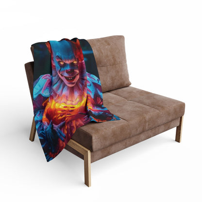 Decorative and Warm Halloween Spooky Pennywise IT Arctic Fleece Blanket draped over a chic sofa, enhancing the home decor with a festive and stylish touch for Halloween celebrations.