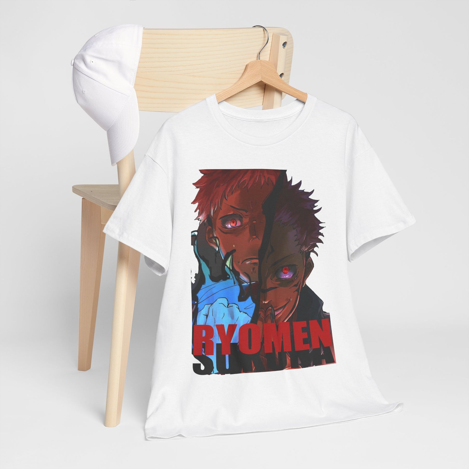 Sophisticated Ryomen Sukuna Anime T-Shirt styled with a cap, highlighting striking artwork and appealing streetwear aesthetics, a perfect blend of comfort and style.