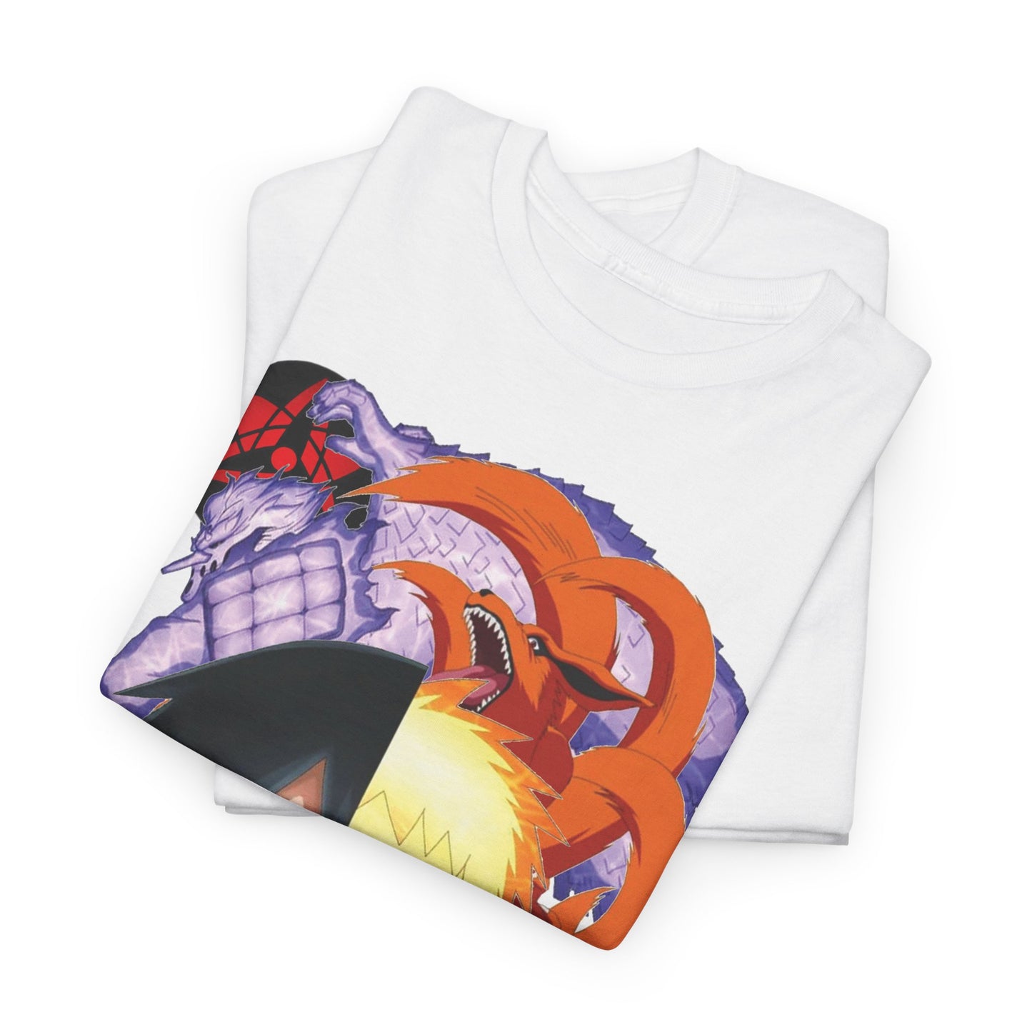 Artful arrangement of folded anime design T-shirts, showcasing vibrant graphics of Naruto and Sasuke for a stylish collector's choice.