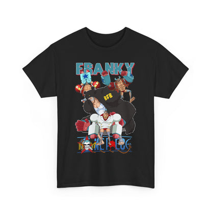Stylish black t-shirt displaying vibrant anime graphics of Franky, perfect for those who appreciate high-quality anime-inspired apparel.