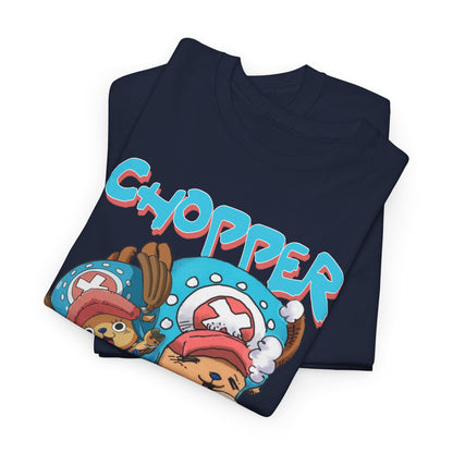 A close-up view of a navy t-shirt with a captivating print of Chopper's charming expressions, a stylish choice for any anime lover.