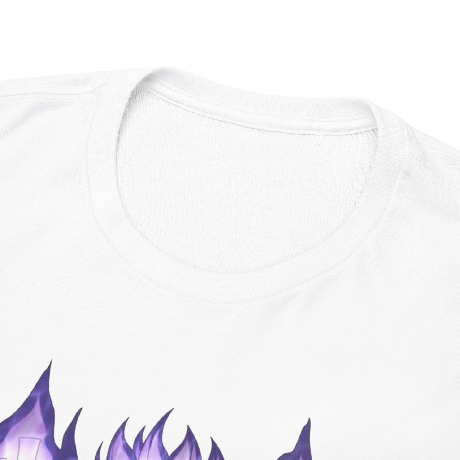 Close-up of the collar of a premium Sasuke graphic tee, highlighting the quality fabric and design details that elevate anime-inspired fashion to new heights.