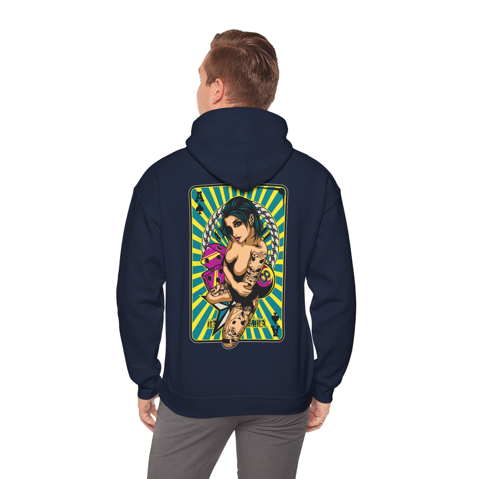 Luxurious navy hoodie featuring a vibrant, bold tattooed woman design, highlighted by playing cards against an energetic turquoise and yellow striped background. Perfect for making a stylish statement.