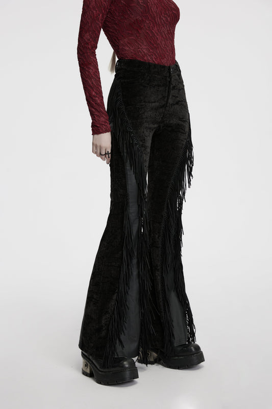 Punk Rave Morrigan Wasteland Tassel Flare Trousers in Black, featuring dramatic flair and cascading tassels, designed for a striking goth aesthetic with a luxurious retro woven fabric and refined rubberised panels.