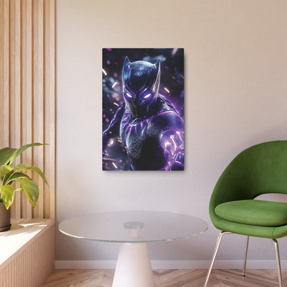 Stunning Black Panther Metal Art Poster elegantly mounted on a wall in a stylish interior setting, enhancing the décor's sophistication with its striking design.