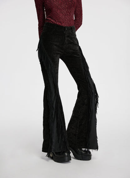 Punk Rave Morrigan Wasteland Tassel Flare Trousers in Black showcasing a dramatic flared silhouette and elegant tassels, perfect for high-fashion goth and punk aesthetics.