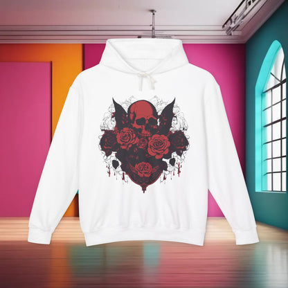 Unisex Lightweight Hooded Sweatshirt in pristine white, adorned with a unique designer skull and roses design, capturing a luxurious aesthetic.