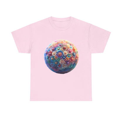 Iridescent Floral Sphere Unisex Cotton Tee Graphic T Shirt in soft pink displaying an elegant floral sphere design.