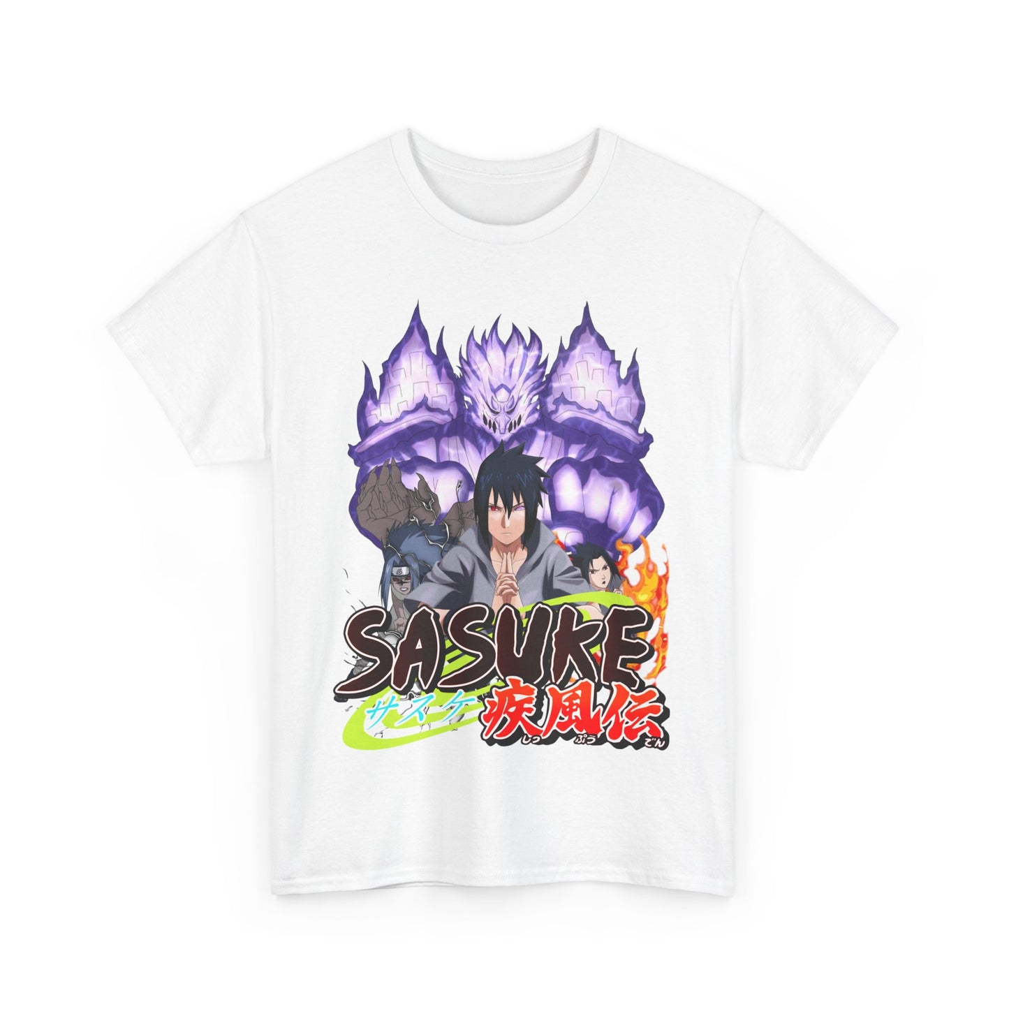 Refined Sasuke Graphic Tee with an impressive design of the character, elegantly presented on a classic white fabric for anime enthusiasts.