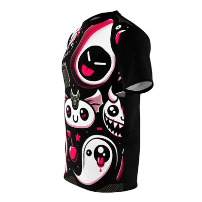 Elegant black t-shirt from Dazzling Dreams Studio showcasing the playful and spooky Ghastly Grumblegore design with a grinning tree and eyeball-like cherries.