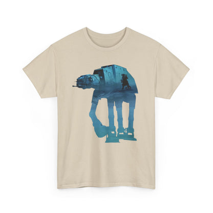 Star Wars AT-ST vs Tauntaun Funny Graphic Unisex T Shirt TEE, featuring a stylized depiction of an AT-ST walker with a rider, highlighted with artistic blue gradients, perfect for casual luxury wear.
