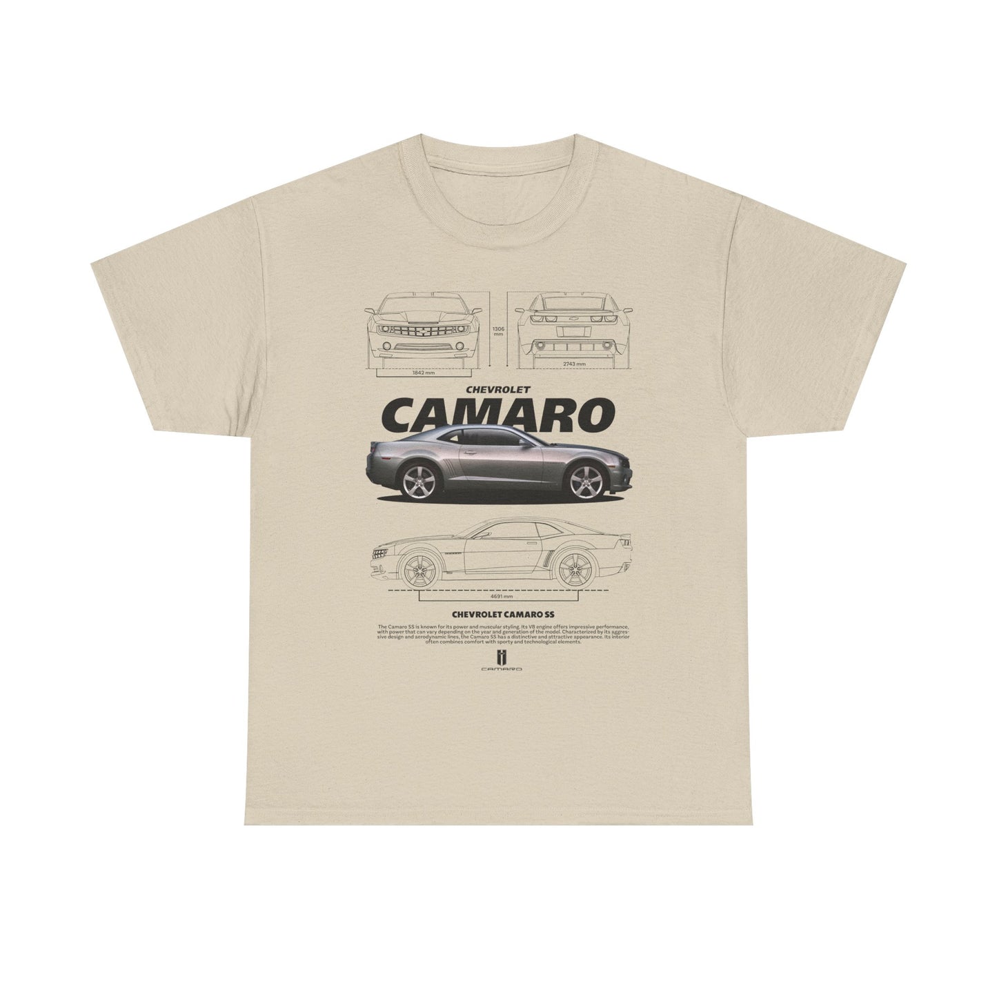 Sleek beige men's t-shirt displaying an intricate Chevrolet Camaro illustration on the front, featuring the car's profile and design details, a must-have for automotive enthusiasts.