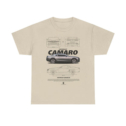 Sleek beige men's t-shirt displaying an intricate Chevrolet Camaro illustration on the front, featuring the car's profile and design details, a must-have for automotive enthusiasts.