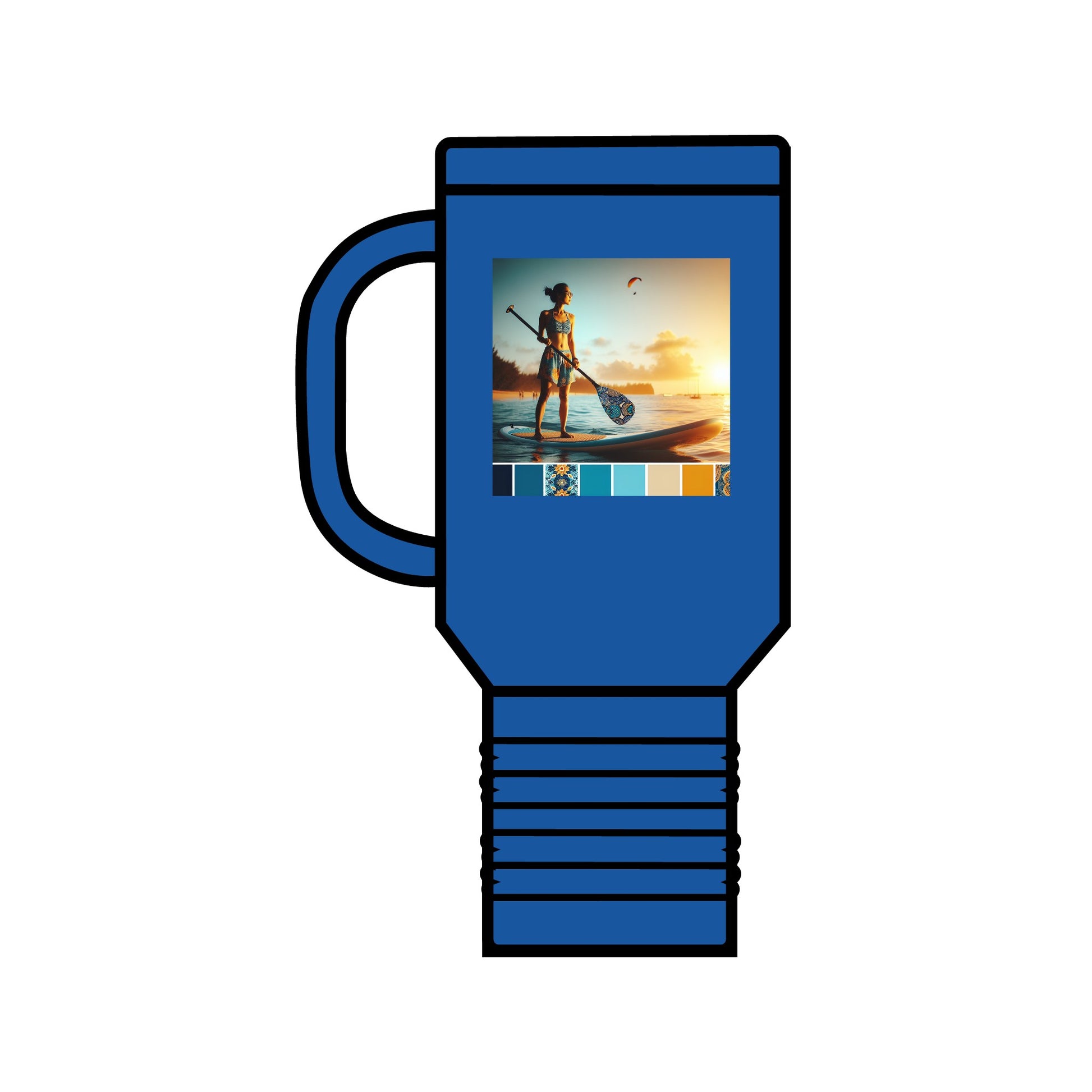 Fantasy Paddleboarding Insulated 40Oz Travel Mug in elegant blue featuring a beautiful paddleboarding illustration, ideal for luxury outdoor experiences.