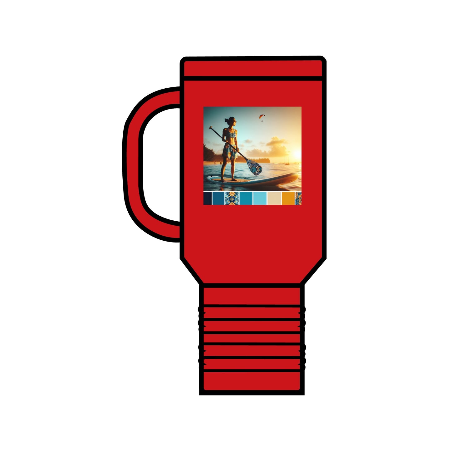 Fantasy Paddleboarding Insulated 40Oz Travel Mug in vibrant red with artistic paddleboarding design, perfect for stylish hydration on adventures.