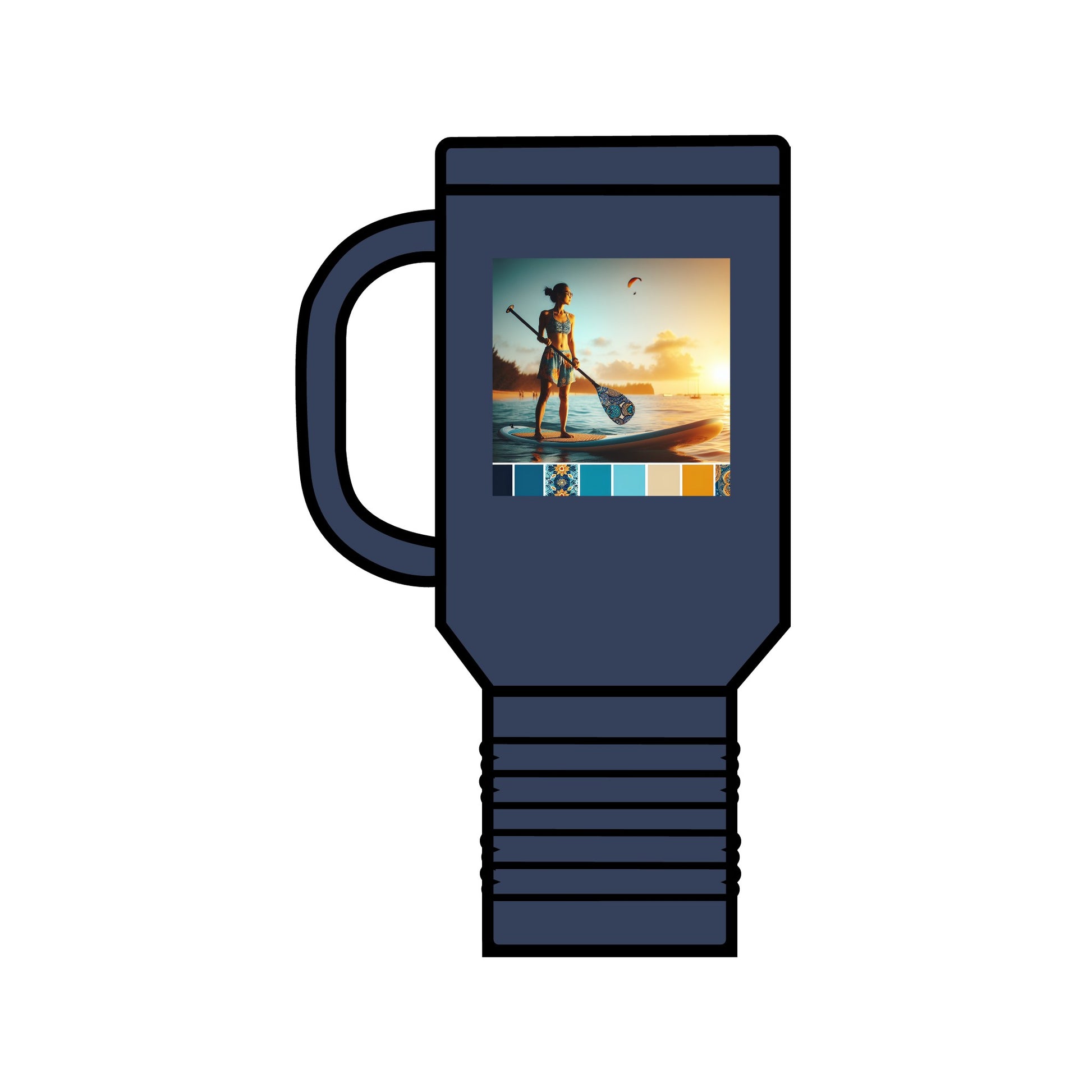 Sophisticated Fantasy Paddleboarding Insulated 40Oz Travel Mug in navy, designed with an alluring paddleboarding graphic, representing both durability and luxury for outdoor enthusiasts.