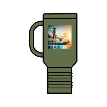 Chic Fantasy Paddleboarding Insulated 40Oz Travel Mug in muted green, elegantly displaying a scenic paddleboarding illustration, perfectly merging functionality and style.