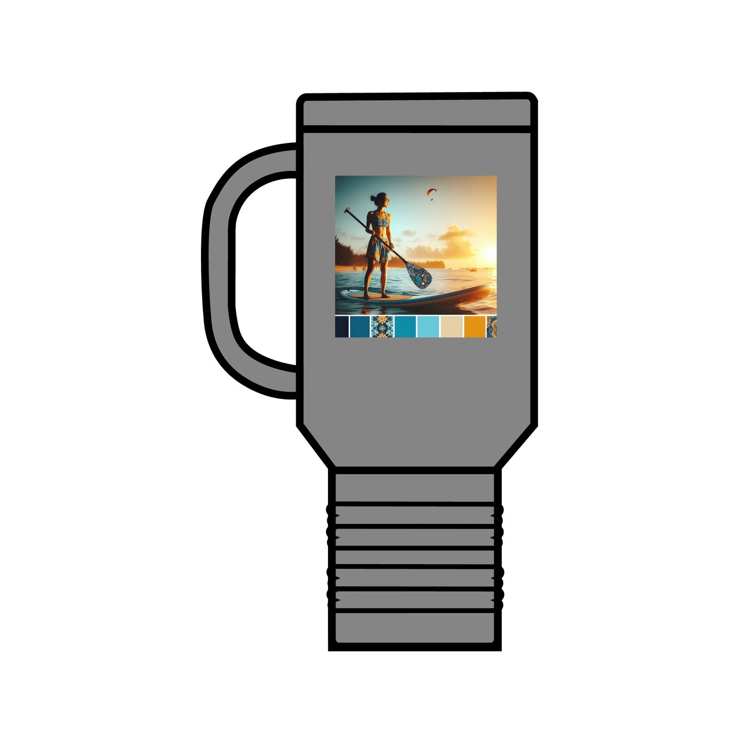 Elegant Fantasy Paddleboarding Insulated 40Oz Travel Mug featuring a refined grey finish, adorned with a captivating paddleboarding illustration that enhances its luxurious appeal.