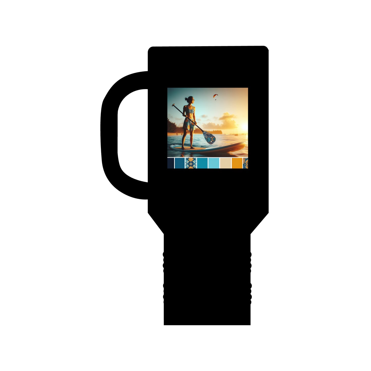 Stylish black Fantasy Paddleboarding Insulated 40Oz Travel Mug featuring a sleek design and enchanting paddleboarding artwork, ideal for the discerning adventurer.