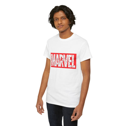 Model wearing the exquisite 'MARVEL' graphic tee in white, featuring bold red typography and intricate superhero designs, embodying sophistication and fandom.