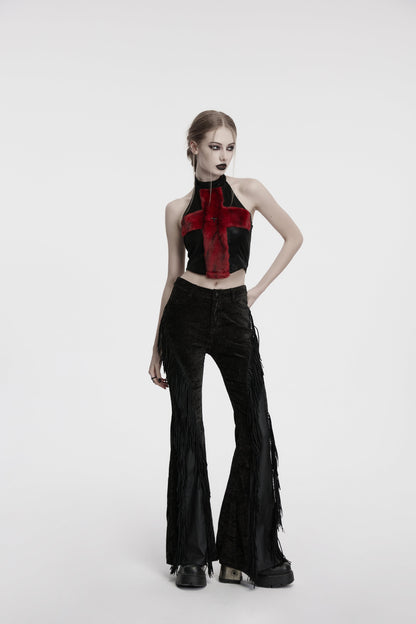 Punk Rave Morrigan Wasteland Tassel Flare Trousers displayed on a mannequin, illustrating the dramatic flare and cascading tassels for high-fashion goth look.