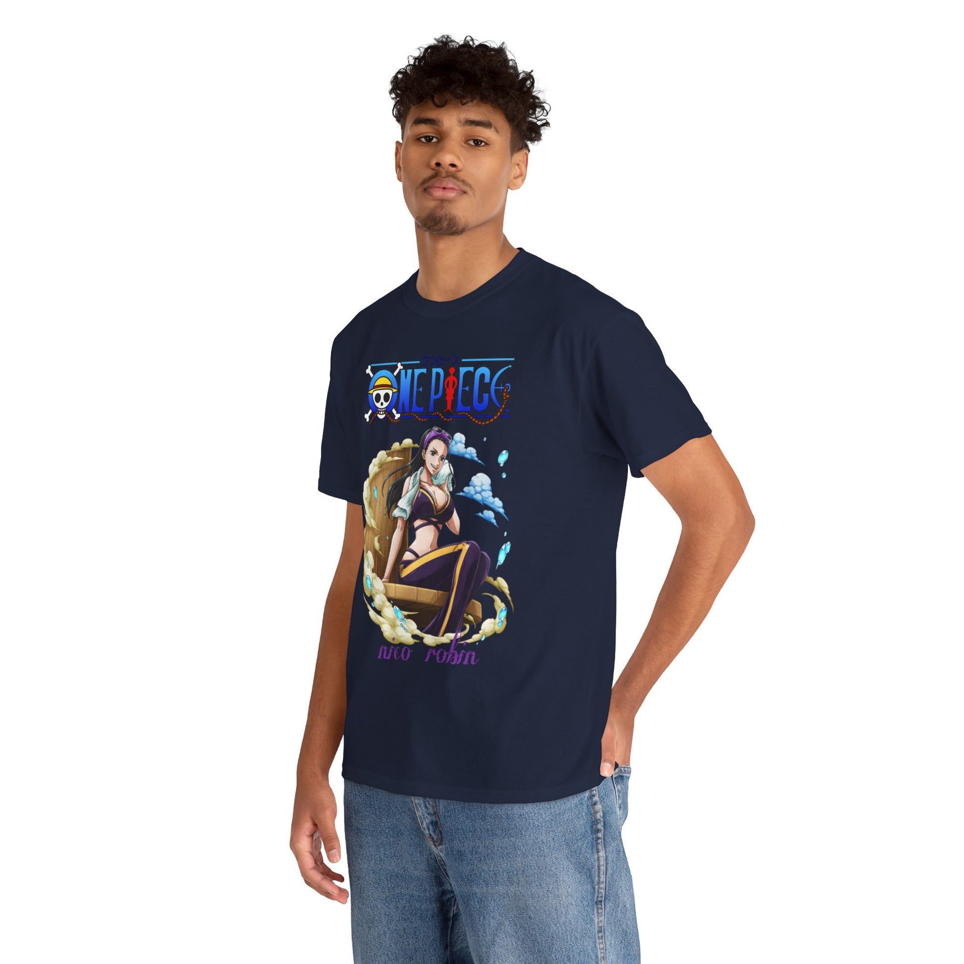 Fashionable navy blue t-shirt adorned with an eye-catching Nico Robin design from One Piece, worn by a stylish model, embodying a modern aesthetic.
