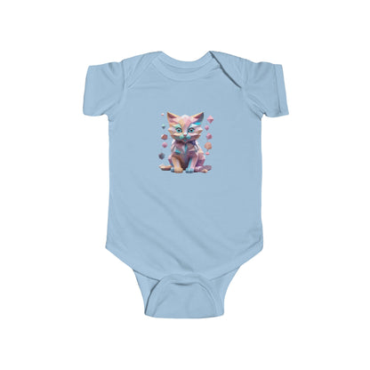 Sophisticated Kitten Bodysuit in baby blue, featuring a whimsical geometric kitten design, suitable for chic infants.