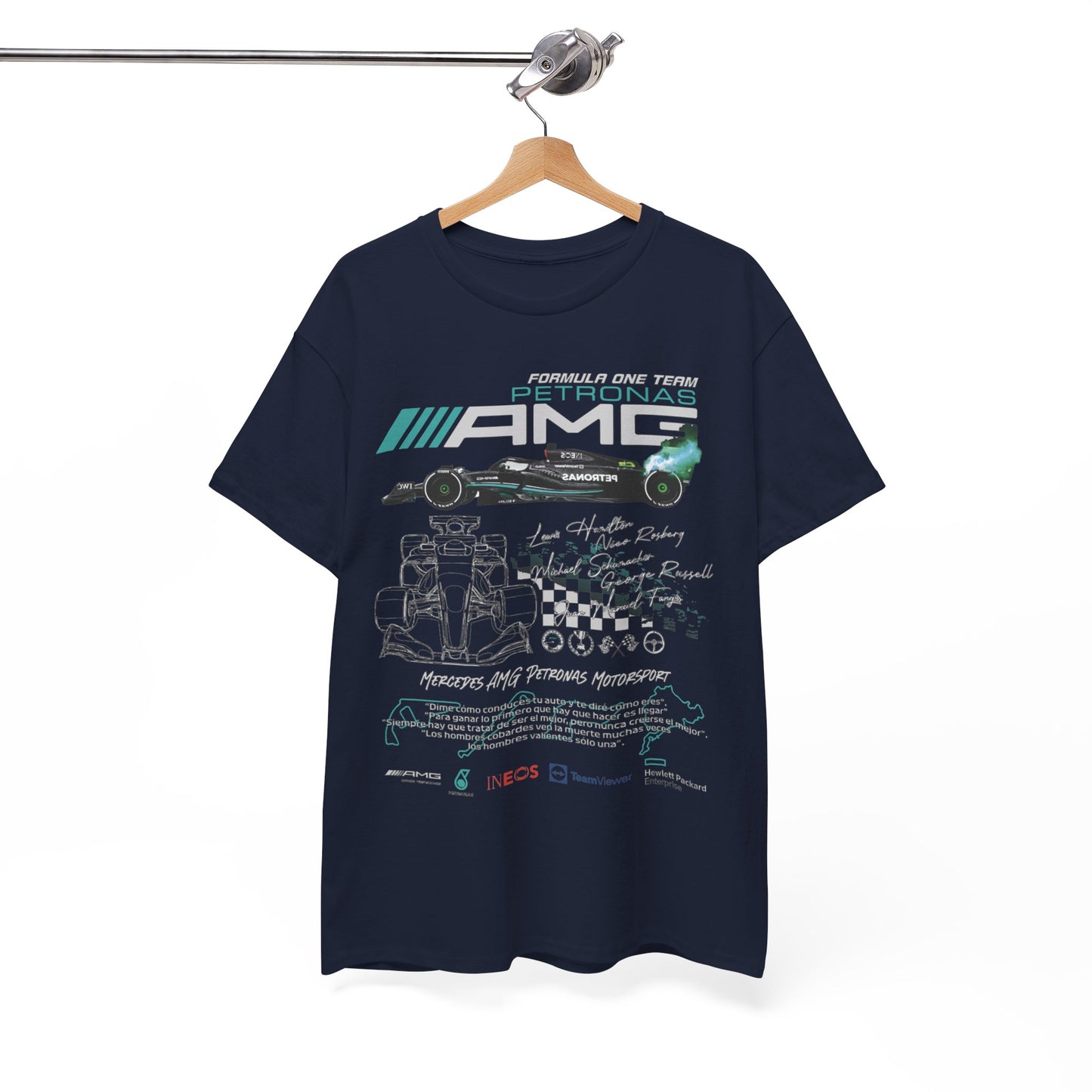 Men's luxury F1 Mercedes AMG Petronas t-shirt showcased on a wooden hanger, featuring dynamic race car graphics and sponsor logos, ideal for motorsport enthusiasts.