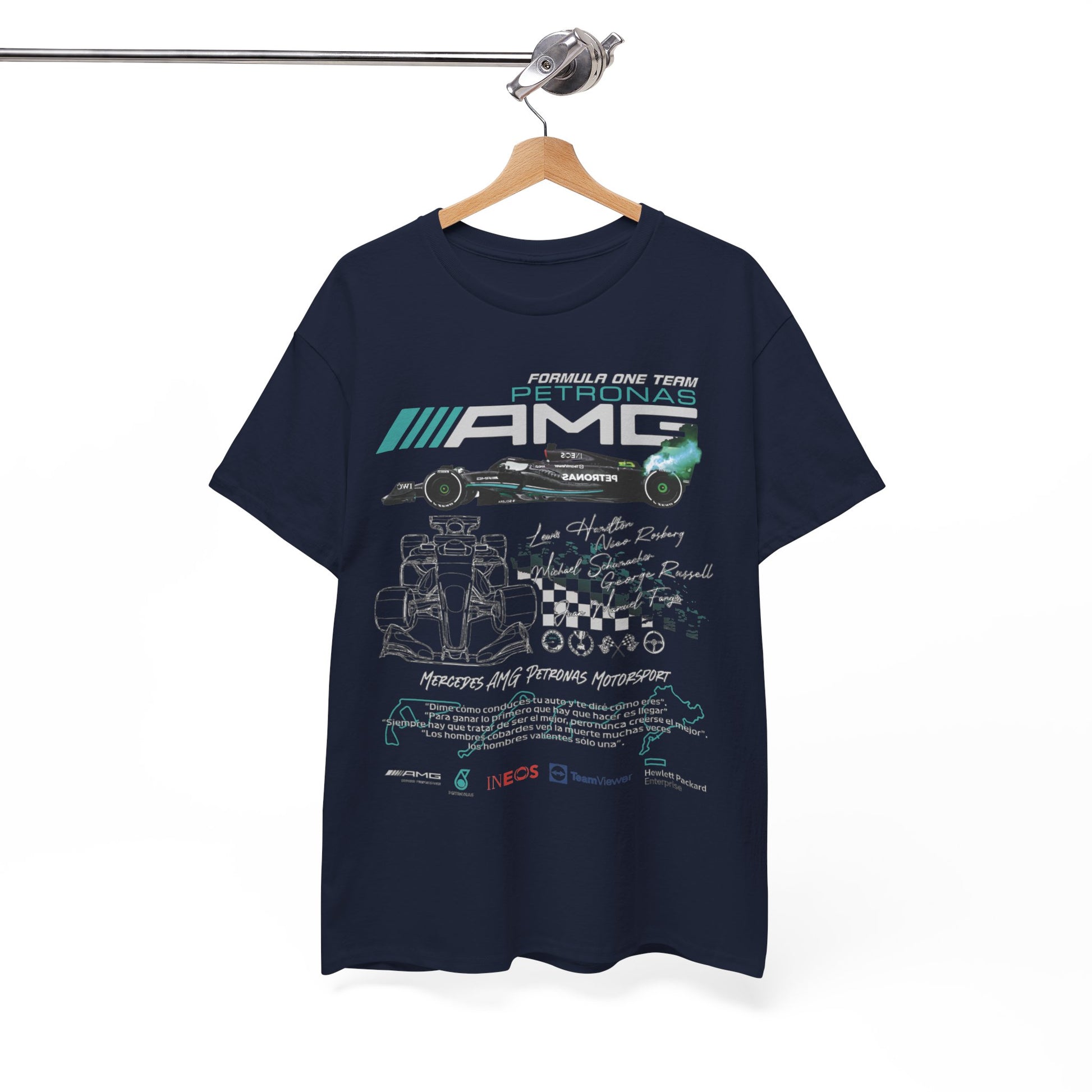 Men's luxury F1 Mercedes AMG Petronas t-shirt showcased on a wooden hanger, featuring dynamic race car graphics and sponsor logos, ideal for motorsport enthusiasts.