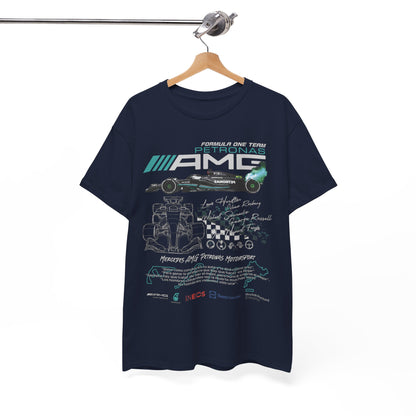 Men's luxury F1 Mercedes AMG Petronas t-shirt showcased on a wooden hanger, featuring dynamic race car graphics and sponsor logos, ideal for motorsport enthusiasts.