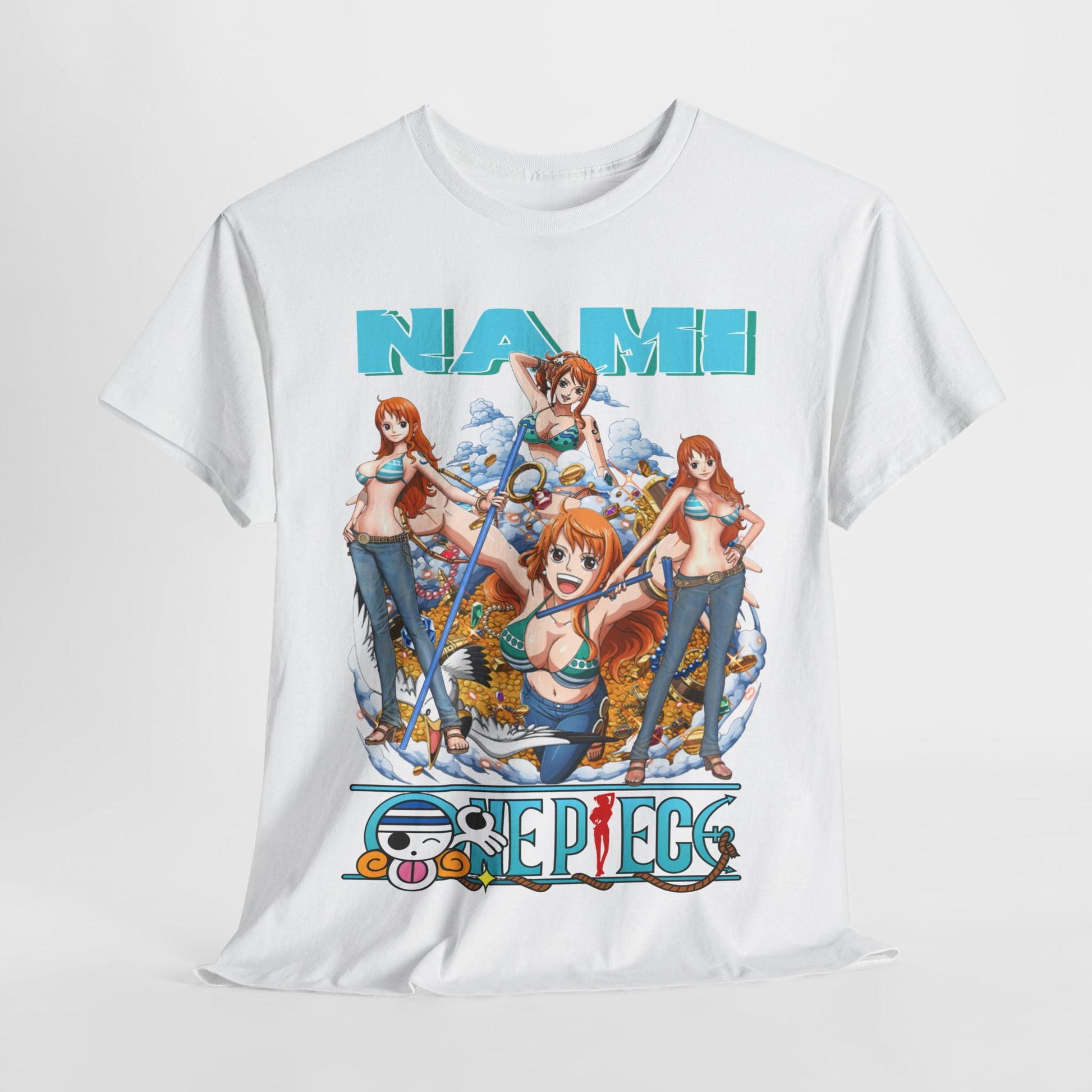 Chic display of the Nami Anime T-Shirt on a clean background, emphasizing bold graphics and quality fabric, ideal for fans of stylish anime apparel.