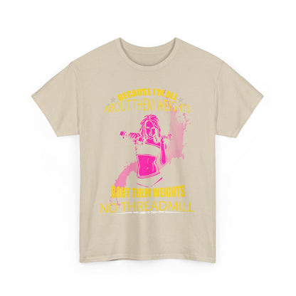 Fashionable women's t-shirt in beige displaying a bold weightlifting graphic, merging style with motivation for fitness lovers.