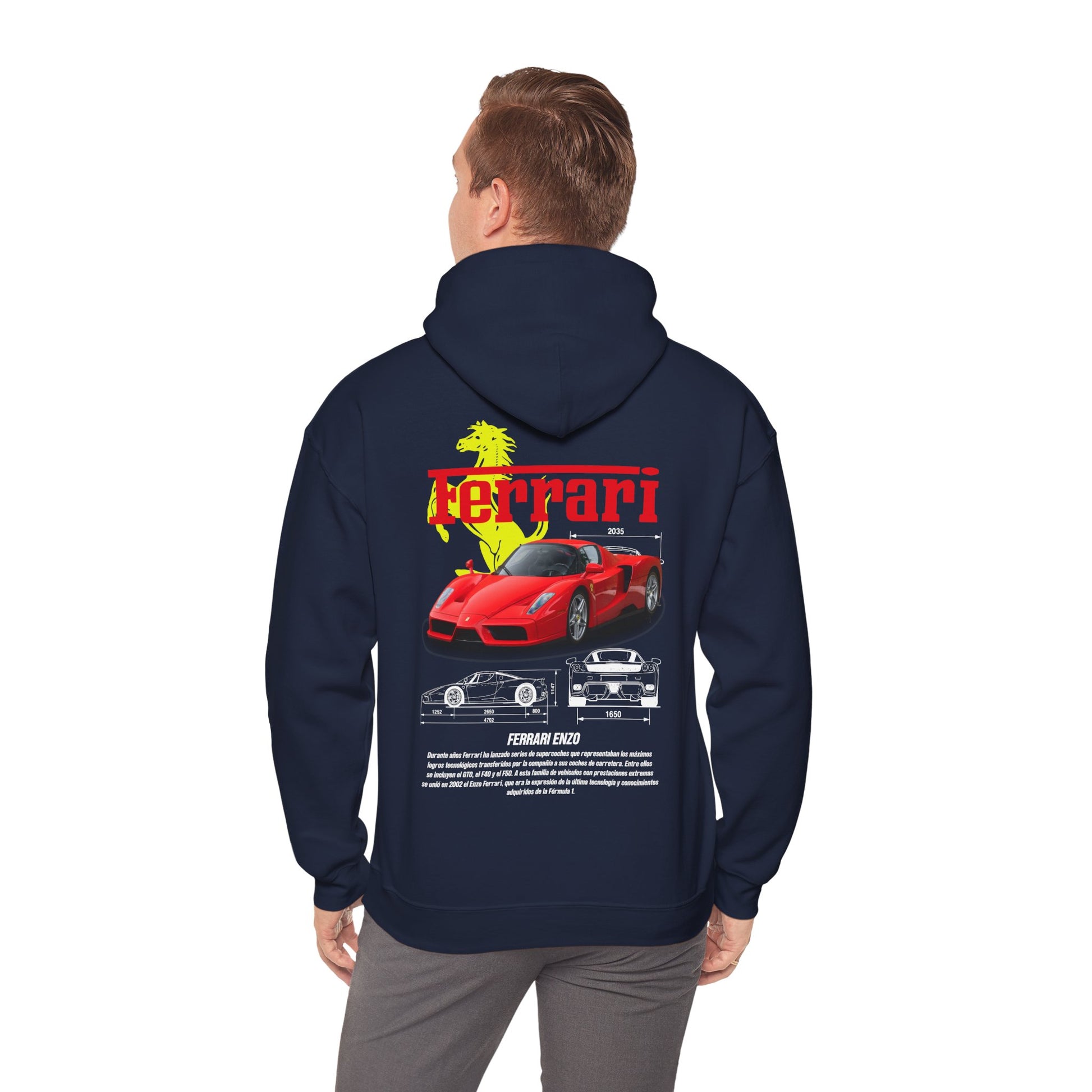 Model wearing a navy Ferrari Enzo back print hoodie with dynamic design, perfect blend of style and luxury for car lovers.