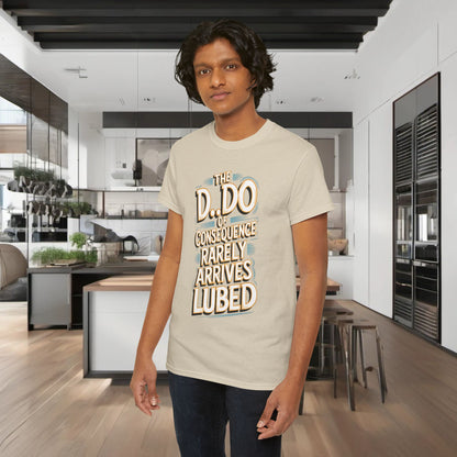 Urban lifestyle setting displays the Karma Funny Gift Graphic T-Shirt on a model, with bold, humorous lettering that captures the essence of playful self-expression.