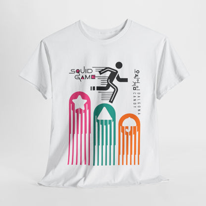 Luxury unisex graphic t-shirt featuring a stylish Squid Game design, showcasing iconic symbols and playful aesthetic, perfect for making a statement in urban fashion.